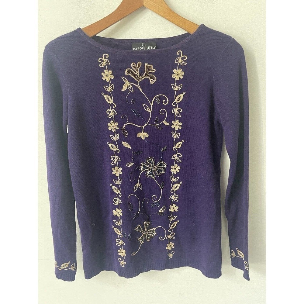Carole Little Vintage Sweater Wool Blend Embroidered Purple Size Small